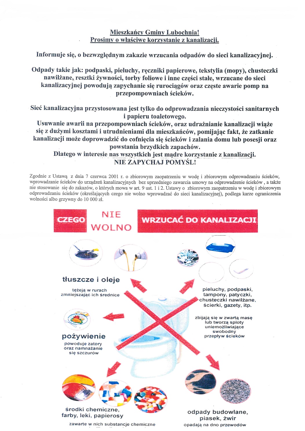 Plakat informujący o właściwym korzystaniu z kanalizacji